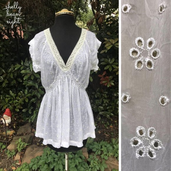 Johnny Was Tops - JOHNNY WAS White Eyelet Embroidered Babydoll Top M